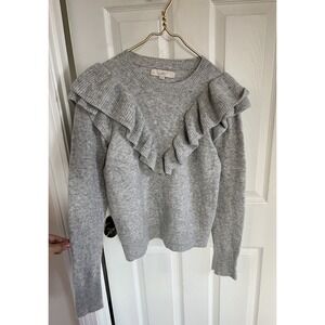 LOFT Gray Ruffle Knit Sweater S Boho Chic Modern Minimalist